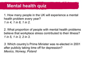 Mental health quiz
1. How many people in the UK will experience a mental
health problem every year?
1 in 4, 1 in 8, 1 in 2.
2. What proportion of people with mental health problems
believe that workplace stress contributed to their illness?
1 in 5, 1 in 3, 2 in 3.
3. Which country’s Prime Minister was re-elected in 2001
after publicly taking time off for depression?
Mexico, Norway, Poland
 