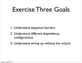 Exercise Three Goals

                   1. Understand sequence barriers
                   2. Understand different dependency
                      conﬁgurations
                   3. Understand wiring up without the wizard




Tuesday, 25 September 12
 