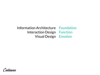 Information Architecture
Interaction Design
Visual Design
Foundation
Function
Emotion
 