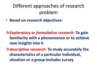 Different approaches of research
problem
• Based on research objectives:
Exploratory or formulative research- To gain
familiarity with a phenomenon or to achieve
new insights into it
descriptive research- To study accurately the
characteristics of a particular individual,
situation or a group-includes survey
 