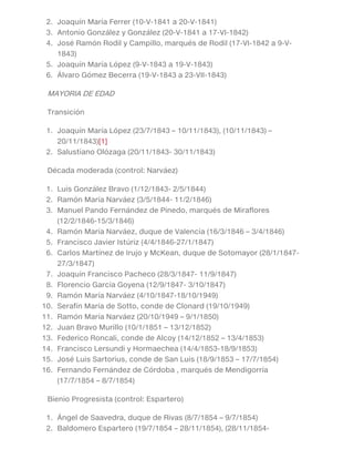 2. Joaquín María Ferrer (10-V-1841 a 20-V-1841)
3. Antonio González y González (20-V-1841 a 17-VI-1842)
4. José Ramón Rodil y Campillo, marqués de Rodil (17-VI-1842 a 9-V-
1843)
5. Joaquín María López (9-V-1843 a 19-V-1843)
6. Álvaro Gómez Becerra (19-V-1843 a 23-VII-1843)
MAYORIA DE EDAD
Transición
1. Joaquín María López (23/7/1843 – 10/11/1843), (10/11/1843) –
20/11/1843)[1]
2. Salustiano Olózaga (20/11/1843- 30/11/1843)
Década moderada (control: Narváez)
1. Luis González Bravo (1/12/1843- 2/5/1844)
2. Ramón María Narváez (3/5/1844- 11/2/1846)
3. Manuel Pando Fernández de Pinedo, marqués de Miraflores
(12/2/1846-15/3/1846)
4. Ramón María Narváez, duque de Valencia (16/3/1846 – 3/4/1846)
5. Francisco Javier Istúriz (4/4/1846-27/1/1847)
6. Carlos Martínez de Irujo y McKean, duque de Sotomayor (28/1/1847-
27/3/1847)
7. Joaquín Francisco Pacheco (28/3/1847- 11/9/1847)
8. Florencio García Goyena (12/9/1847- 3/10/1847)
9. Ramón María Narváez (4/10/1847-18/10/1949)
10. Serafín María de Sotto, conde de Clonard (19/10/1949)
11. Ramón María Narváez (20/10/1949 – 9/1/1850)
12. Juan Bravo Murillo (10/1/1851 – 13/12/1852)
13. Federico Roncali, conde de Alcoy (14/12/1852 – 13/4/1853)
14. Francisco Lersundi y Hormaechea (14/4/1853-18/9/1853)
15. José Luis Sartorius, conde de San Luis (18/9/1853 – 17/7/1854)
16. Fernando Fernández de Córdoba , marqués de Mendigorría
(17/7/1854 – 8/7/1854)
Bienio Progresista (control: Espartero)
1. Ángel de Saavedra, duque de Rivas (8/7/1854 – 9/7/1854)
2. Baldomero Espartero (19/7/1854 – 28/11/1854), (28/11/1854-
 