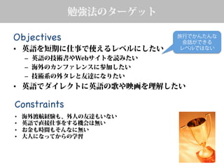 勉強法のターゲット
•  英語を短期に仕事で使えるレベルにしたい
–  英語の技術書やWebサイトを読みたい
–  海外のカンファレンスに参加したい
–  技術系の外タレと友達になりたい
•  英語でダイレクトに英語の歌や映画を理解したい
•  海外渡航経験も、外人の友達もいない
•  英語で直接仕事をする機会は無い
•  お金も時間もそんなに無い
•  大人になってからの学習
旅行でかんたんな
会話ができる
レベルではない
Objectives	
Constraints	
 