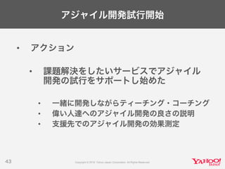 アジャイル開発試行開始
• アクション
• 課題解決をしたいサービスでアジャイル
開発の試行をサポートし始めた
• 一緒に開発しながらティーチング・コーチング
• 偉い人達へのアジャイル開発の良さの説明
• 支援先でのアジャイル開発の効果測定
43
 