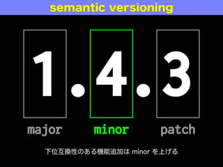 1.4.3
major minor patch
semantic versioning
下位互換性のある機能追加は minor を上げる
 