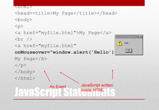 JavaScript Statements
<html>
<head><title>My Page</title></head>
<body>
<p>
<a href="myfile.html">My Page</a>
<br />
<a href="myfile.html"
onMouseover="window.alert('Hello');">
My Page</A>
</p>
</body>
</html>
JavaScript written
inside HTML
An Event
 