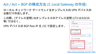 ローカル ネットワーク ゲートウェイをオンプレミスの VPN デバイスの
台数だけ作成します。
この際、[アドレス空間] はオンプレミスのアドレス空間 (172.16.0.0/16
等) ではなく、
VPN デバイスの BGP Peer IP を /32 で設定します。
Act / Act + BGP の構成方法 (3. Local Gateway の作成)
https://www.syuheiuda.com/?p=4304
 