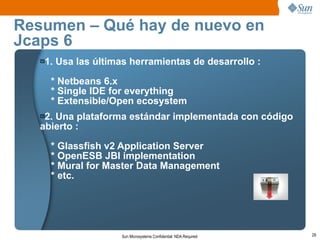 Resumen – Qué hay de nuevo en
Jcaps 6
   1. Usa las últimas herramientas de desarrollo :
   



       * Netbeans 6.x
       * Single IDE for everything
       * Extensible/Open ecosystem
   2. Una plataforma estándar implementada con código
   abierto :

       * Glassfish v2 Application Server
       * OpenESB JBI implementation
       * Mural for Master Data Management
       * etc.




                     Sun Microsystems Confidential: NDA Required   29
 