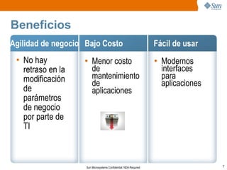 Beneficios
Agilidad de negocio Bajo Costo                                    Fácil de usar
 • No hay          ●
                        Menor costo                               ●
                                                                      Modernos
   retraso en la        de                                            interfaces
   modificación         mantenimiento                                 para
                        de                                            aplicaciones
   de                   aplicaciones
   parámetros
   de negocio
   por parte de
   TI



                    Sun Microsystems Confidential: NDA Required                      7
 