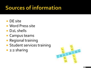  DE site
 Word Press site
 D2L shells
 Campus teams
 Regional training
 Student services training
 2:2 sharing
 