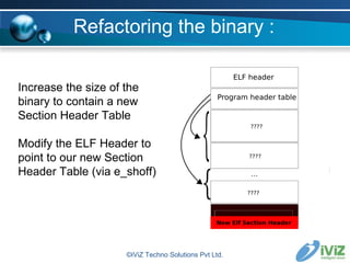 Increase the size of the binary to contain a new Section Header Table Modify the ELF Header to point to our new Section Header Table (via e_shoff) ©iViZ Techno Solutions Pvt Ltd. Refactoring the binary : 