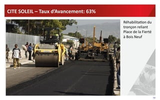 54	
  
CITE	
  SOLEIL	
  –	
  Taux	
  d’Avancement:	
  63%	
  	
  
Réhabilita?on	
  du	
  
tronçon	
  reliant	
  
Place	
  de	
  la	
  Fierté	
  
à	
  Bois	
  Neuf	
  
 