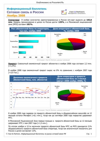 Опубликовано на Procontent.Ru


 Информационный бюллетень
 Сотовая связь в России
 Ноябрь 2008
  Статистика: В ноябре количество зарегистрированных в России sim-карт выросло до 183,8
  млн. Уровень проникновения в целом по России достиг 129%, а в Московской лицензионной
  зоне [МЛЗ] составил 181%.

      Рост абонентской базы по операторам,                              Доли операторов в абонентской базе,
              тыс.чел., ноябрь 2008                                              %, ноябрь 2008
                                                                         ВымпелКом                      МТС
             МТС                                                            25%                         34%



     ВымпелКом


          МегаФон


                                                                                                        Другие
           Другие                                                                                        17%
                                                                              МегаФон
                                                                               23%
                    0      200          400     600    800     1 000

                                                  Источники: J’son & Partners, данные компаний

  Прирост: Совокупный ежемесячный прирост абонентов в ноябре 2008 года составил 2,3 млн.
  [+1,3%].

  В ноябре 2008 года ежемесячный прирост вырос на 6% по сравнению с ноябрем 2007 года
  [+123 тыс.].

                                                                             Доли операторов в приросте
           Динамика ежемесячного прироста
                                                                            абонентской базы за 3 месяца
           абонентской базы, млн. абонентов
                                                                            [август 2008-ноябрь 2008], %
     8

     6                                                                    МегаФон                  ВымпелКом
                                 2005                                      31%                        32%
     4                                  2006    2007
     2
                                         2008
     0
          Янв. Фев. Мар. Апр. Май Июн. Июл. Авг. Сент. Окт. Ноя. Дек.
     -2

     -4
                                                                          Другие
                                                                                                  МТС
     -6                                                                    11%
                                                                                                  25%
     -8

                                                  Источники: J’son & Partners, данные компаний
  В ноябре 2008 года лидером по приросту абонентской базы в общероссийском масштабе за 12
  месяцев остался Мегафон [+8,1 млн.], тогда как до сентября 2008 года лидерство удерживал
  МТС.
  В Московской Лицензионной Зоне первые позиции в приросте абонентской базы за 12 месяцев
  удерживает МТС с мая 2007 года [+1,5 млн.].
  По итогам ноября в 12-ти месячном приросте абонентской базы МТС на МЛЗ приходится 21%
  общероссийского прироста абонентской базы оператора, тогда как аналогичный показатель для
  России в целом составляет 12%.
© J’son & Partners. Информационный бюллетень по рынку сотовой связи РФ                                        Стр. 1
 