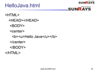 www.SunilOS.com 26
HelloJava.html
<HTML>
<HEAD></HEAD>
<BODY>
<center>
<b><u>Hello Java</u></b>
</center>
</BODY>
</HTML>
 