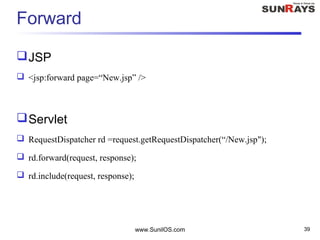 www.SunilOS.com 39
Forward
JSP
 <jsp:forward page=“New.jsp” />
Servlet
 RequestDispatcher rd =request.getRequestDispatcher(“/New.jsp");
 rd.forward(request, response);
 rd.include(request, response);
 