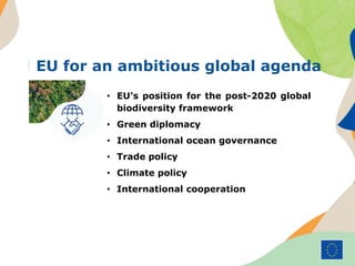 EU for an ambitious global agenda
• EU’s position for the post-2020 global
biodiversity framework
• Green diplomacy
• International ocean governance
• Trade policy
• Climate policy
• International cooperation
 