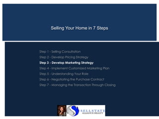 Selling Your Home in 7 Steps
Step 1 - Selling Consultation
Step 2 - Develop Pricing Strategy
Step 3 - Develop Marketing Strategy
Step 4 - Implement Customized Marketing Plan
Step 5 - Understanding Your Role
Step 6 - Negotiating the Purchase Contract
Step 7 - Managing the Transaction Through Closing
 