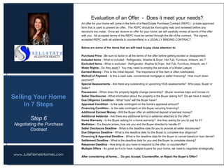 www.JulieTernesHomes.com
Selling Your Home
In 7 Steps
An offer for your home will come in the form of a Real Estate Purchase Contract (REPC) - a state approved
form that is used to present an offer. The REPC should be thoroughly read and reviewed before any
decisions are made. Once we receive an offer for your home, we will carefully review all terms of the offer
with you. All accepted terms of the REPC must be carried through the life of the contract. The signed,
accepted REPC (with all addenda & counteroffers) is a LEGALLY BINDING CONTRACT.
Below are some of the items that we will need to pay close attention to:
Purchase Price - Be sure to factor in all the terms of the offer before getting excited or disappointed.
Included Items - What is included - Refrigerator, Washer & Dryer, Hot Tub, Furniture, Artwork, etc.?
Excluded Items - What is excluded - Refrigerator, Washer & Dryer, Hot Tub, Furniture, Artwork, etc.?
Water Rights - Do they apply? You may need to employ the services of a Water Lawyer.
Earnest Money - This is the initial deposit. The importance of this item is often overlooked.
Method of Payment - Is this a cash sale, conventional mortgage or seller financing? How much down
payment?
Special Assessments - Are there any outstanding or upcoming HOA assessments? Who pays, Buyer or
Seller?
Possession - When does the property legally change ownership? (Buyer receives keys and moves in)
Seller Disclosures - What information about the property is the Buyer asking for? Do we have it ready?
Due Diligence Condition - What "outs" will the Buyer have?
Appraisal Condition - Is the sale contingent on the home's appraisal amount?
Financing Condition - Is the sale contingent on the Buyer securing financing?
Additional Earnest Money - Will the Buyer offer an additional deposit of earnest money?
Additional Addenda - Are there any additional terms or addenda attached to the offer?
Home Warranty - Is the Buyer asking for a home warranty? Are they asking for you to pay for it?
Mediation - If a dispute arises, how are you and the Buyer directed to handle it?
Seller Disclosure Deadline - What is the deadline date for you to provide all seller disclosures?
Due Diligence Deadline - What is the deadline date for the Buyer to complete due diligence?
Financing & Appraisal Deadline - What is the deadline date for the Buyer to cancel based on loan denial?
Settlement Deadline - What is the deadline date for you and the Buyer to complete closing?
Response Deadline - How long do you have to respond to the offer, or counteroffer?
Multiple Offers - As great as it is to have multiple buyers for your home, we need to negotiate strategically.
After considering all terms... Do you Accept, Counteroffer, or Reject the Buyer's Offer?
Evaluation of an Offer - Does it meet your needs?
Step 6
Negotiating the Purchase
Contract
 