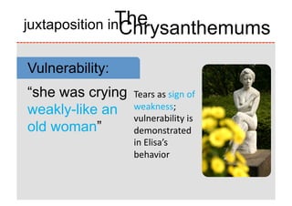 The
juxtaposition in
                Chrysanthemums
Vulnerability:
“she was crying   Tears	
  as	
  sign	
  of	
  
weakly-like an    weakness;	
  
                  vulnerability	
  is	
  
old woman”        demonstrated	
  
                  in	
  Elisa’s	
  
                  behavior	
  
 