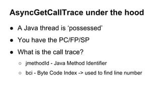 AsyncGetCallTrace under the hood
● A Java thread is ‘possessed’
● You have the PC/FP/SP
● What is the call trace?
○ jmethodId - Java Method Identifier
○ bci - Byte Code Index -> used to find line number
 