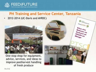 PH Training and Service Center, Tanzania
• 2012-2014 (UC-Davis and AVRDC)
18 of 42
One-stop shop for equipment,
advice, services, and ideas to
improve postharvest handling
of fresh produce
 