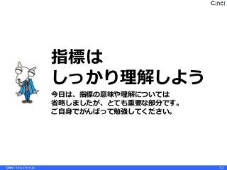 Cinci http://cinci.jp/ 113
今日は、指標の意味や理解については
省略しましたが、とても重要な部分です。
ご自身でがんばって勉強してください。
指標は
しっかり理解しよう
 