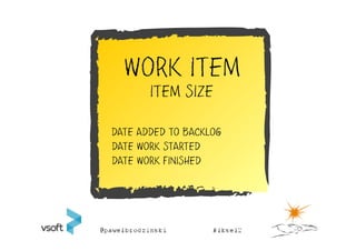 WORK ITEM
       ITEM SIZE

DATE ADDED TO BACKLOG
DATE WORK STARTED
DATE WORK FINISHED
 