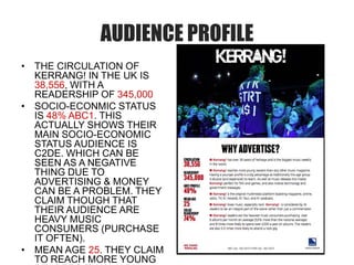 AUDIENCE PROFILE
• THE CIRCULATION OF
KERRANG! IN THE UK IS
38,556, WITH A
READERSHIP OF 345,000
• SOCIO-ECONMIC STATUS
IS 48% ABC1. THIS
ACTUALLY SHOWS THEIR
MAIN SOCIO-ECONOMIC
STATUS AUDIENCE IS
C2DE. WHICH CAN BE
SEEN AS A NEGATIVE
THING DUE TO
ADVERTISING & MONEY
CAN BE A PROBLEM. THEY
CLAIM THOUGH THAT
THEIR AUDIENCE ARE
HEAVY MUSIC
CONSUMERS (PURCHASE
IT OFTEN).
• MEAN AGE 25. THEY CLAIM
TO REACH MORE YOUNG

 