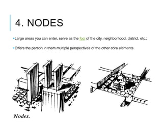 4. NODES
Large areas you can enter, serve as the foci of the city, neighborhood, district, etc.;
Offers the person in them multiple perspectives of the other core elements.
 