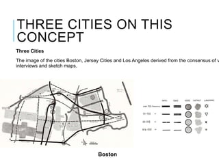 THREE CITIES ON THIS
CONCEPT
Three Cities
The image of the cities Boston, Jersey Cities and Los Angeles derived from the consensus of v
interviews and sketch maps.
Boston
 