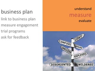 understand
business plan
                        measure
link to business plan      evaluate
measure engagement
trial programs
ask for feedback
 