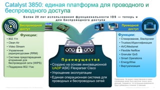 © Компания Cisco и (или) ее дочерние компании, 2012 г. Все права защищены. Конфиденциальная информация компании Cisco 14
• 802.11n
• Clean Air
• Video Stream
• Управление
радиоресурсами (RRM)
• Система предотвращения
вторжений для
беспроводной сети (WiPS)
• Поддержка 802.11ac
Функции:
• Стекирование, Stackpower
• Trustsec/Идентификация
• AVC/Medianet
• Flexible Netflow
• Granular QoS
• Smart Operations
• EnergyWise
• Виртуализация
Функции:
П р е и м у щ е с т в а
• Создано на основе инновационной
UADP ASIC Flexparser Cisco
• Упрощение эксплуатации
• Единая операционная система для
проводных и беспроводных сетей
Б о л е е 2 0 л е т и с п о л ь з о в а н и я ф у н к ц и о н а л ь н о с т и I O S — т е п е р ь и
д л я б е с п р о в о д н о г о д о с т у п а
Беспроводной
доступ
Проводной
доступ
Примечание. На момент представления в новых
платформах может быть доступна только часть
функций. Ожидается, что остальные возможности
будут добавлены в течение 12 месяцев.
 