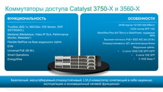 © Компания Cisco и (или) ее дочерние компании, 2012 г. Все права защищены. Конфиденциальная информация компании Cisco 6
TrustSec (802.1x, MACSec, IOS Sensor, SXP,
SGT/SGACL)
Medianet (Mediatrace, Video IP SLA, Performance
Monitor, Metadata*)
Flexible NetFlow на базе модульного Uplink
EVN
Universal PoE (60 Вт)
Smart Operations
EnergyWise
ФУНКЦИОНАЛЬНОСТЬ ОСОБЕННОСТИ
24/48 портов 10/100/1000 Мбит/с
12/24 слотов SFP 1GE
StackWise Plus (64 Гбит/с) и StackPower, поддержка
RPS
Высокая плотность PoE+ IEEE 802.3at (30 Вт)
Отказоустойчивость: БП, вентиляторные блоки
Модульные uplinks:
• 2 слота 10GE/1GE SFP+/SFP
• 4 слота 1GE SFP
• 2 10GE Base-T
Безопасный, масштабируемый,отказоустойчивый, L3/L2-коммутатор сочетающий в себе надежную
эксплуатацию и инновационный сетевой функционал
 