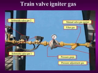 Train valve igniter gas
Filter gas
Pressure adjustment gas
Solenoide valve gas 1
Solenoide valve gas 2
Pressure gauje
Manual valve gas igniter
 