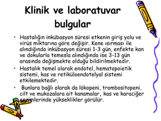 Klinik ve laboratuvar bulgular Hastalığın inkübasyon süresi etkenin giriş yolu ve virüs miktarına göre değişir. Kene ısırması ile alındığında inkübasyon süresi 1-3 gün, enfekte kan ve dokularla temesla alındığında ise 3-13 gün arasında değişmekte olduğu bildirilmektedir.  Hastalık temel olarak endotel, hematopoietik sistemi, kas ve retiküloendotelyal sistemi etkilemektedir. Bunlara bağlı olarak da lökopeni, trombositopeni, cilt ve mukozalara ait kanamalar ,  kas ve karaciğer enzimlerinde yükseklikler görülür.  