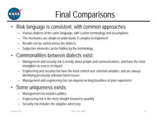 Final Comparisons
• Risk language is consistent, with common approaches
        –       Various dialects of the same language, with custom terminology and assumptions
        –       The mechanics are simple to understand, if complex to implement
        –       Results can be varied across the dialects
        –       Subjective elements can be hidden by the terminology

• Commonalities between dialects exist:
        – Management and security risk is mostly about people and communications, and have the most
          intangibles to assess in impact
        – Engineering and security risk have the least control over external variables, and are always
          identifying previously-unknown latent issues
        – Management and engineering risk can depend on long baselines of prior experience

• Some uniqueness exists:
        – Management risk includes politics
        – Engineering risk is the most straight-forward to quantify
        – Security risk includes the adaptive adversary
February 2007                                       Risk is Risk, Right?                             18
 