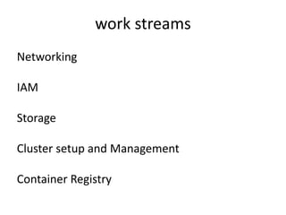 work streams
Networking
IAM
Storage
Cluster setup and Management
Container Registry
 