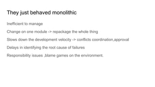 They just behaved monolithic
Inefficient to manage
Change on one module -> repackage the whole thing
Slows down the development velocity -> conflicts coordination,approval
Delays in identifying the root cause of failures
Responsibility issues ,blame games on the environment.
 