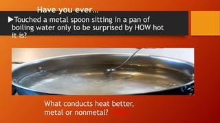 Have you ever…
Touched a metal spoon sitting in a pan of
boiling water only to be surprised by HOW hot
it is?
What conducts heat better,
metal or nonmetal? Why?
 