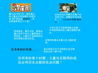 截止2010年1月，国内最大的儿童社交网站摩尔庄园注册 用户数达到5000万，而此类服务有近二十家。由电击治疗网瘾引发整个社会的讨论，网瘾治疗市场混乱！（ “全国戒网专家”杨永信）父母为孩子沉迷网络焦头烂额，与互联网相关的儿童犯罪案件频出。网络游戏、聊天交友、影视动漫以及学习成为儿童网民的上网目的。儿童对于互联网的应用还停留在娱乐阶段。互联网色情以及暴力对儿童的侵害。在未来的时间里……家长和孩子对于互联网以及互联网安全的了解不多。在将来的某个时期，儿童与互联网的结合必将衍生出新的社会问题！