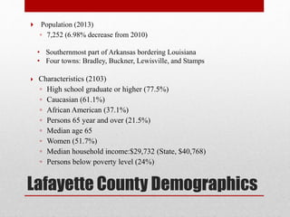 Lafayette County Demographics
 Population (2013)
◦ 7,252 (6.98% decrease from 2010)
• Southernmost part of Arkansas bordering Louisiana
• Four towns: Bradley, Buckner, Lewisville, and Stamps
 Characteristics (2103)
◦ High school graduate or higher (77.5%)
◦ Caucasian (61.1%)
◦ African American (37.1%)
◦ Persons 65 year and over (21.5%)
◦ Median age 65
◦ Women (51.7%)
◦ Median household income:$29,732 (State, $40,768)
◦ Persons below poverty level (24%)
 