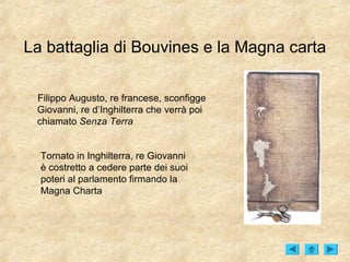 La battaglia di Bouvines e la Magna carta

 Filippo Augusto, re francese, sconfigge
 Giovanni, re d’Inghilterra che verrà poi
 chiamato Senza Terra


  Tornato in Inghilterra, re Giovanni
  è costretto a cedere parte dei suoi
  poteri al parlamento firmando la
  Magna Charta
 