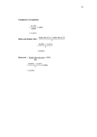 22 
Lampiran 2. (Lanjutan) 
= 10,95% 
Konversi = Kadar abu rata-rata x 100% 
BK 
= 13,39% 
 