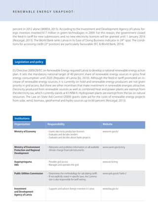 percent in 2012 alone (WWEA, 2013). According to the Investment and Development Agency of Latvia, for-
eign investors invested €17 million in green technologies in 2009. For this reason, the government closed
the feed-in tariff for new submissions and no new electricity licences will be granted until 1 January 2016
(ResLegal, 2013). The World Bank ranks Latvia in its Ease of Doing Business indicator in 24th
spot. The condi-
tions for accessing credit (3rd
position) are particularly favourable (IFC & World Bank, 2014).
EU Directive 2009/28/EC on Renewable Energy required Latvia to develop a national renewable energy action
plan. It sets the mandatory national target of 40 percent share of renewable energy sources in gross final
energy consumption until 2020 (Republic of Latvia [b], 2010). Although the feed-in tariff promoted an in-
crease of renewable energy sources, it is currently on hold and renewable energy producers are not given
priority in grid access. But there are other incentives that make investment in renewable energies attractive.
Electricity produced from renewable sources as well as combined heat and power plants are exempt from
the electricity tax, which currently stands at €1/MW-h. Hydropower plants are exempt from the tax on natural
resources. The Law on State Aid Control (2009) grants state aid for the costs of renewable energy projects
from solar, wind, biomass, geothermal and hydro sources up to 60 percent (ResLegal, 2013).
Legislation and policy
R E N E W A B L E E N E R G Y S N A P S H O T :
Institutions
Organization Responsibility Website
Ministry of Economy - Grants electricity production licences
- Evaluates and decides tenders
- Evaluates and decides about hydro projects
www.em.gov.lv/
Ministry of Environment
Protection and Regional
Development
- Elaborates and publishes information on all available
climate change financial instruments
www.varam.gov.lv/eng
Augstsprieguma
tīkls
- Provides grid access
- Manages and operates the grid
www.ast.lv/eng
Public Utilities Commission - Determines the methodology for calculating tariffs
- If not explicitly stated in specific laws, the Commis-
sion is also responsible for tariff setting
www.sprk.gov.lv/?setl=2
Investment
and Development
Agency of Latvia
- Supports and advices foreign investors in Latvia www.liaa.gov.lv/
 