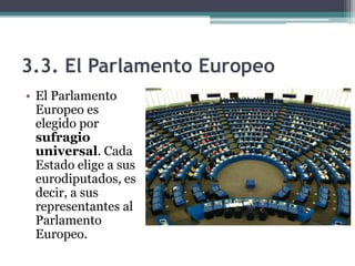 3.3. El Parlamento Europeo
• El Parlamento
  Europeo es
  elegido por
  sufragio
  universal. Cada
  Estado elige a sus
  eurodiputados, es
  decir, a sus
  representantes al
  Parlamento
  Europeo.
 