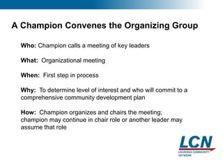 12
A Champion Convenes the Organizing Group
Who: Champion calls a meeting of key leaders
What: Organizational meeting
When: First step in process
Why: To determine level of interest and who will commit to a
comprehensive community development plan
How: Champion organizes and chairs the meeting;
champion may continue in chair role or another leader may
assume that role
 