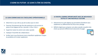 © XL SA | contact@xl-groupe.com | Paris 01 78 16 11 99 | Région 04 76 61 34 40 | 88, Allée Galilée 38330 Montbonnot-Saint-Martin | Organisme de formation (Préfecture de région) 82 38 00 90938 | SIRET 347 945 628 000 50 4
➢ Déterminer ce qui créé ou pas de la valeur pour le client
➢ Favoriser l’écoulement des flux (de production ou de service) et
passer d’une logique de flux « poussés » à flux « tirés »
➢ Supprimer toutes les actions sans valeur ajoutée
➢ Impliquer l’ensemble des collaborateurs
➢ Arrêter tout ce qui fonctionne mal en identifiant rapidement l’origine
du problème et le traiter rapidement
LE LEAN COMME BASE DE L’EXCELLENCE OPÉRATIONNELLE
L’USINE DU FUTUR : LE LEAN À L’ÈRE DU DIGITAL
➢ Sélectionner les outils digitaux qui permettent d’améliorer plus
rapidement ou différemment les flux et leur pilotage
➢ Réfléchir digital pour proposer une valeur ajoutée nouvelle à des
clients qui pensent différemment (économie d’usage)
LE DIGITAL COMME OPPORTUNITÉ AVEC DE NOUVEAUX
OUTILS ET UNE NOUVELLE CULTURE
 