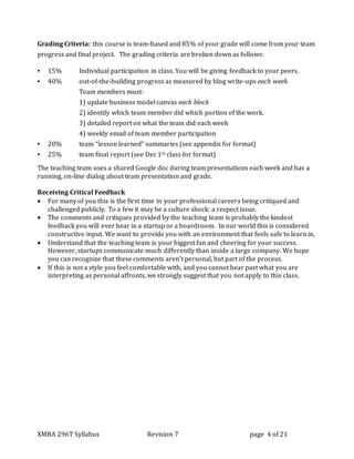 XMBA 296T Syllabus Revision 7 page 4 of 21
Grading Criteria: this course is team-based and 85% of your grade will come from your team
progress and final project. The grading criteria are broken down as follows:
▪ 15% Individual participation in class. You will be giving feedback to your peers.
▪ 40% out-of-the-building progress as measured by blog write-ups each week.
Team members must:
1) update business model canvas each block
2) identify which team member did which portion of the work.
3) detailed report on what the team did each week
4) weekly email of team member participation
▪ 20% team “lesson learned” summaries (see appendix for format)
▪ 25% team final report (see Dec 1st class for format)
The teaching team uses a shared Google doc during team presentations each week and has a
running, on-line dialog about team presentation and grade.
Receiving Critical Feedback
 For many of you this is the first time in your professional careers being critiqued and
challenged publicly. To a few it may be a culture shock: a respect issue.
 The comments and critiques provided by the teaching team is probably the kindest
feedback you will ever hear in a startup or a boardroom. In our world this is considered
constructive input. We want to provide you with an environment that feels safe to learn in.
 Understand that the teaching team is your biggest fan and cheering for your success.
However, startups communicate much differently than inside a large company. We hope
you can recognize that these comments aren’t personal, but part of the process.
 If this is not a style you feel comfortable with, and you cannot hear past what you are
interpreting as personal affronts, we strongly suggest that you not apply to this class.
 