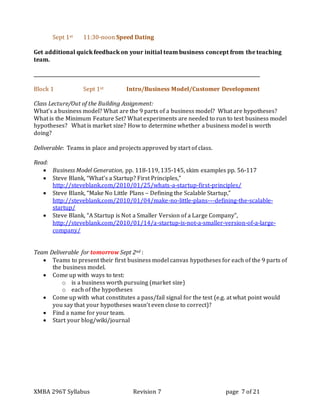 XMBA 296T Syllabus Revision 7 page 7 of 21
Sept 1st 11:30-noon Speed Dating
Get additional quick feedback on your initial team business concept from the teaching
team.
Block 1 Sept 1st Intro/Business Model/Customer Development
Class Lecture/Out of the Building Assignment:
What’s a business model? What are the 9 parts of a business model? What are hypotheses?
What is the Minimum Feature Set? What experiments are needed to run to test business model
hypotheses? What is market size? How to determine whether a business model is worth
doing?
Deliverable: Teams in place and projects approved by start of class.
Read:
 Business Model Generation, pp. 118-119, 135-145, skim examples pp. 56-117
 Steve Blank, “What’s a Startup? First Principles,”
http://steveblank.com/2010/01/25/whats-a-startup-first-principles/
 Steve Blank, “Make No Little Plans – Defining the Scalable Startup,”
http://steveblank.com/2010/01/04/make-no-little-plans-–-defining-the-scalable-
startup/
 Steve Blank, “A Startup is Not a Smaller Version of a Large Company”,
http://steveblank.com/2010/01/14/a-startup-is-not-a-smaller-version-of-a-large-
company/
Team Deliverable for tomorrow Sept 2nd :
 Teams to present their first business model canvas hypotheses for each of the 9 parts of
the business model.
 Come up with ways to test:
o is a business worth pursuing (market size)
o each of the hypotheses
 Come up with what constitutes a pass/fail signal for the test (e.g. at what point would
you say that your hypotheses wasn’t even close to correct)?
 Find a name for your team.
 Start your blog/wiki/journal
 