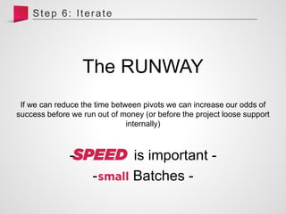 The RUNWAY
If we can reduce the time between pivots we can increase our odds of
success before we run out of money (or before the project loose support
internally)
- is important -
- Batches -
 