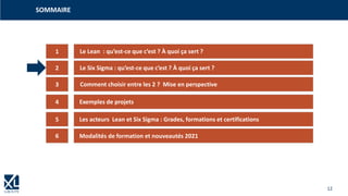 12
SOMMAIRE
1
3
4
5
2
6
Le Lean : qu’est-ce que c’est ? À quoi ça sert ?
Le Six Sigma : qu’est-ce que c’est ? À quoi ça sert ?
Comment choisir entre les 2 ? Mise en perspective
Exemples de projets
Les acteurs Lean et Six Sigma : Grades, formations et certifications
Modalités de formation et nouveautés 2021
Se former en 2019, avec son Compte Personnel de Formation (CPF) c‘est possible !
Questions / réponses
 